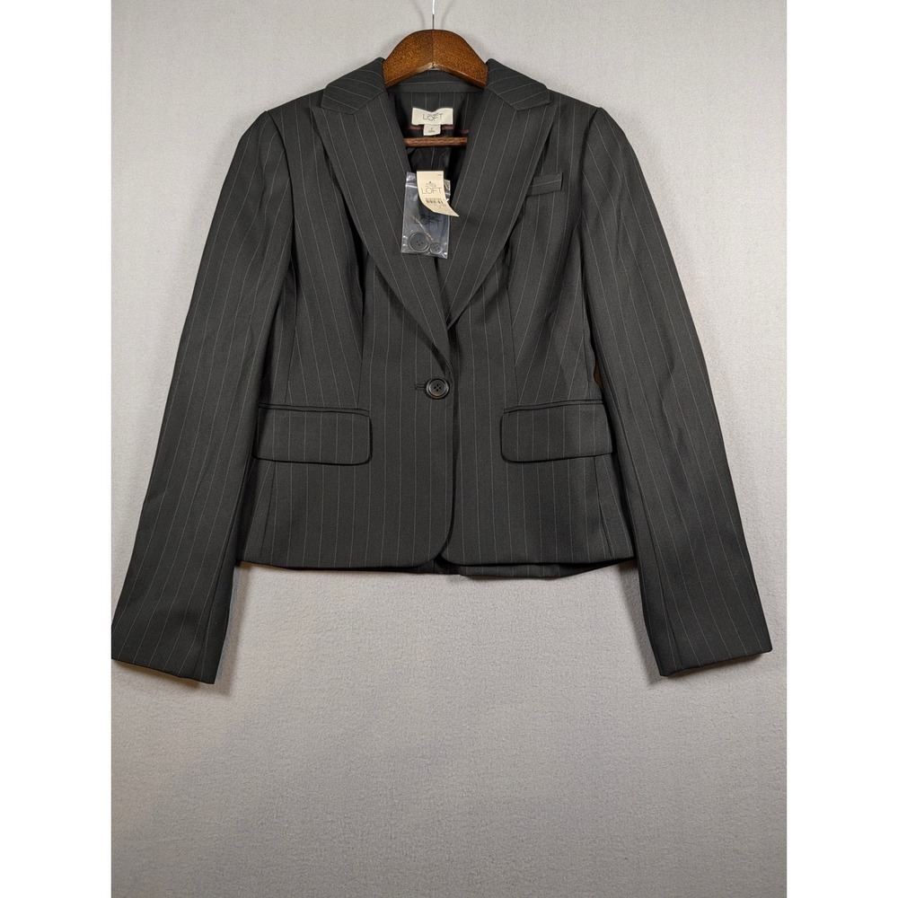 Ann Taylor LOFT Womens Pinstripe Blazer Charcoal Grey Single Button Jacket SZ 2